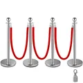 VEVOR Edelstahl Absperrpfosten Seil Abgrenzungsständer Kugelkopf 3 Rote Samtseile Silberne Säule 4 Packung Crowd Control Barriers