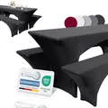 Beautissu Edles Stretchhussen Set 3tlg. Victoria - Elastische Hussen für Bierzeltgarnitur 220x50 cm – Festliche Husse Biertisch + 2 Bierbank in Schwarz