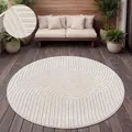 Paco Home Teppich Outdoor Wetterfest, Moderne abstrakte Boho Designs mit 3D Struktur, Pflegeleicht, ideal für Terrasse Wohnzimmer & Küche, Grösse:160 cm Rund, Farbe:Creme 2