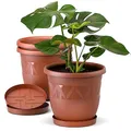 Plastard Blumentopf 3er Set 15 cm Durchmesser Terrakotta runder Pflanzkübel mit Untersetzer aus Kunststoff witterungsbeständiger Übertopf großer Pflanztopf Kräutertopf für Innen und Außen