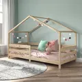 Hausbett RENA aus massiver Kiefer in natur, schönes Montessori Bett mit Rausfallschutz, stabiles Kinderbett in 90 x 200 cm
