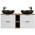 Lomadox Waschtisch ADELAIDE-56-WHITE, 140cm, weiß mit Eiche Nb., Keramikbecken schwarz goldfarben marmoriert weiß 141 cm x 72 cm x 47 cm