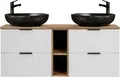 Waschtisch 140cm mit 2 schwarzen Aufsatzbecken, weiß mit Eiche Nb., Front gerillt, ADELAIDE-56-WHITE