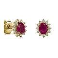 Miore Schmuck Damen 0.09 Ct Diamant Blume Ohrringe mit Edelstein Geburtsstein natürlicher ovaler roter Rubin umgeben von 24 Diamanten Brillanten klassische Ohrstecker aus Gelbgold 9 Karat (375) Gold