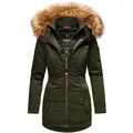 MARIKOO Damen Eleganter Wintermantel Kurzmantel mit Kunstfellkapuze Sanakoo