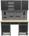 HBM Werkbank 160 cm mit 6 Schubladen, Schrankwand und Rückwand, schwarz, grau