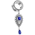 Taffstyle Plug Flesh Tunnel Piercing mit Tränen Anhänger Blau, Ohr Piercing Plug Edelstahl Tropfen Stein Tribal Vintage Charm Schraub silberfarben 10mm