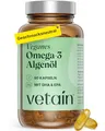 VETAIN Omega 3 Vegan - 90 Kapseln - 963 mg Algenöl pro Tagesdosis: 300 mg DHA + 150 mg EPA - Hochdosiert, ohne Carrageen & künstliche Zusätze - Geschmacksneutral - produziert in Deutschland