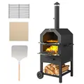 Outsunny 2-In-1 Pizzaofen Outdoor mit Rollen Grillofen mit Schutzhülle Pizzaschaufel 2 Grillnetzen Grillwagen mit Schornstein 3-Tier Holzbackofen für BBQ Stahl Schwarz+Silber 66 x 45 x 158 cm