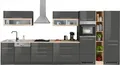 Küchenzeile KOCHSTATION "KS-Wien", grau (küche: grau, front: grau hochglanz, korpus: grafit, arbeitsplatte: eichefarben), B:440cm T:60cm, Komplettküchen-Sets, Küchenzeile, Breite 440 cm, wahlweise mit E-Geräten und Induktion