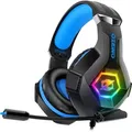 Ozeino Gaming Headset for PS4 PS5 PC, PS4 Headset with Microphone 3D Surround Sound Headphones Noise Cancelling RGB Lights - Himmelblau