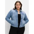 Jeansjacke SHEEGO "Große Größen", Damen, Gr. 44, blau (light blau denim), Obermaterial: 98% Baumwolle, 2% Elasthan, unifarben, casual, figurbetont kurz, Langarm, Jacken, in modisch kurzer Form