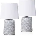 2er Set BRUBAKER Tisch- oder Nachttischlampen 33 cm Grau Hellgrau Blatt Ornamente und Leinen Schirme Weiß