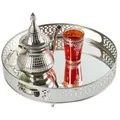 MARRAKESCH rundes Spiegeltablett Nikita 30cm groß Silber | Kerzentablett Tablett rund aus Metall mit hoher Rand | Vintage Serviertablett Küche | Orientalische Silberne Deko auf dem gedeckten Tisch
