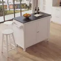 Mendler Kücheninsel HWC-P61 mit 2 Sitzhockern, Küchenschrank Schublade Staufächer MDF 90x120x45cm - weiß, Marmor-Optik schwarz