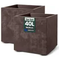 Kreher 2 x XL Pflanzkübel 'Millennium' in verschiedenen Formaten/Farben. Tolle Naturstein Optik in Anthrazit, Grau, Creme Weiß oder Braun! Aus robustem Kunststoff. (Braun, 2 x 40 Liter Eckig)