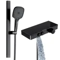 Rainsworth Duschsystem mit Thermostat und Glasablage, 3 Strahlart(en), 26x26 cm, und Unterer Auslauf - Duschset Regendusche mit Armatur, Matt Schwarz