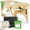 HABYS Sofia Massageliege klappbar aus Holz mit 2 Zonen, Massagetisch mit Vollausstattung, 185 × 70 cm, höhenverstellbar bis 250 kg, mit Armlehnen, Kopfstütze und Tragetasche, Beige