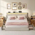 VASAGLE Doppelbettgestell, Bettgestell, 160 x 200 cm, LED, Metallbett, 4 Schubladen, Ladestation, verstellbares gepolstertes Kopfteil, Cappuccinobeige - Beige