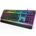 TECKNET RGB Gaming Tastatur mit Vollmetall-Gehäuse, Membrantastatur [Deutsches Layout] 105 Tasten, ergonomische Handgelenkauflage, 25 Tasten Anti-Ghosting, 15 RGB-Modi für PC, Laptop & Office