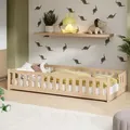 Kids Collective Kinderbett Bodenbett mit Rausfallschutz & Lattenrost Montessori Bett Bed Gitterbett Kinder Jugendbett Einzelbett | 80x160 cm | Natur - Naturbelassen