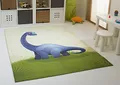 Steffensmeier Dinosaurier Teppich Dino Kinderteppich Kinderzimmer Denni in beige blau, Ökotex Zertifiziert, Größe:140x200 cm