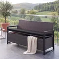 Poly-Rattan 3er Sitzbank HWC-F39, Gartenbank Truhenbank, Staufach Aufbewahrung Sitzkissen grau, Kissen schwarz
