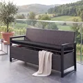 Mendler Poly-Rattan 3er Sitzbank HWC-F39, Gartenbank Truhenbank, Staufach Aufbewahrung Sitzkissen - grau, Kissen schwarz
