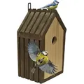 Modo24 Vogelhaus Meisen Nistkasten aus FSC® Holz mit 2,8 cm Einflugloch und mit Heu, Brutkasten mit Reinigungsklappe, Futterhaken für Garten, 26×15×12 cm beige|braun Mit_Heu