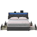 VASAGLE Doppelbettgestell, Bettgestell, 180 x 200 cm, LED, Metallbett, 4 Schubladen, Ladestation, verstellbares gepolstertes Kopfteil, Schiefergrau