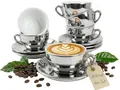 MUVELL 6x Cappuccinotassen | Silber - Chrome | Italian Style | dickwandig & schwer | Cappuccino 6er Set mit Untertassen - Geschenkset