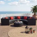Poly-Rattan Garnitur rund HWC-E17, Garten-Set Sitzgruppe schwarz, Polster dunkelgrau, Kissen terracotta - Schwarz