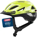 ABUS Stadthelm Urban-I 4.0 ACE - Fahrradhelm mit aufladbarem Rücklicht, 4 Leuchtmodi, Schirm, Zopf-Öffnung und magnetischem Verschluss - für Jugendliche, Frauen und Männer - Größe XL, gelb