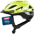 ABUS Stadthelm Urban-I 4.0 ACE - Fahrradhelm mit aufladbarem Rücklicht, 4 Leuchtmodi, Schirm, Zopf-Öffnung und magnetischem Verschluss - für Jugendliche, Frauen und Männer - Größe XL, gelb