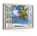 WallArena - Leinwand Bilder - Fensterblick Strand Meer Palmen Landschaft - 80x60 cm Leinwandbilder Bild auf leinwand Wandbild XXL groß Wandbilder für Wohnzimmer Schlafzimmer Wohnzimmerbilder Modern