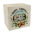 Wohnmobil Happy Campers Spardose aus Holz Hintergrund Natur glücklich draußen im Fahrzeug perfekte Geschenkidee für Camper