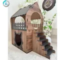 Katzenhaus XL mit Treppe & Balkon – Katzenmöbel, Katzenhütte, Katzenhöhle, Katzenvilla Indoor, zweistöckiges Spielhaus & Rückzugsort Dunkelb... - Dunkelbraun/Braun