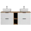 Lomadox Waschtisch ADELAIDE-56-WHITE, 140cm, weiß mit Eiche Nb., Keramik-Aufsatzbecken weiß weiß 141 cm x 73 cm x 47 cm