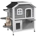 PawHut Katzenhaus aus Holz 2-Etagen Winterfest wasserdicht Katzenhütte mit Asphaltdach klappbarem Deckel Treppe Katzenhöhle Outdoor Schutzhütte für Draußen Garten Balkon 99,5 x 76 x 91 cm Grau