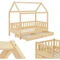 Juskys Kinderbett Marli 80 x 160 cm - Bettkasten, Gitter, Lattenrost & Dach - Holz Natur - Naturbelassen