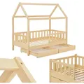 Kinderbett Marli 80 X 160 Cm Mit Bettkasten 2-teilig, Rausfallschutz, Lattenrost & Dach - Massivholz Hausbett Für Kinder - Bett In Natur - Juskys