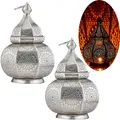 2er Set Marrakesch Lampe und Laterne in einem aus Metall 30 cm groß | Tischlampe Windlicht Lamisa Silber als Orientalische Dekoration