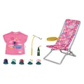 BABY Born 832790 Weekend Fischen - Puppenzubehör Angel-Set mit bunt bedruckten Liegestuhl mit Ablagetischchen, Flasche, Korb, Enten und Angel sowie pinkem Longshirt