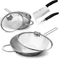 Zwilling Twin Nova Pfannenset Induktion mit Deckel 6 Tlg, Wokpfanne 30cm + Schmorpfanne 24cm hoher Rand + Hackmesser 18cm+ Gemüsemesser + 2 Glasde...