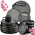 Moritz & Moritz SOLID 24-tlg Steinzeug Geschirr Set 6 Personen - Geschirrset 6 Personen aus je 6 Dinner Teller, Kleine und Tiefe Teller und Tassen mit Henkel