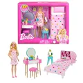 Barbie Schlafzimmer-Spielset - Puppe, Bett, Schminktisch, Kätzchen und 20 Zubehörteile kreatives Spielen, inklusive flauschigem Bademantel und Hausschuhen, für Kinder ab 3 Jahren, HPT55