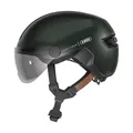 ABUS Stadthelm HUD-Y ACE - stylischer Fahrradhelm mit Visier und magnetischem, aufladbarem LED-Rücklicht - für Damen und Herren - Grün, Größe L