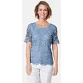 GOLDNER Kurzarmbluse Festbluse mit floraler Spitze Blusenshirt mit Rundhals, rückseitigem Knopfverschluss und Kurzarm blau 48