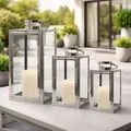 Mojawo® XXL Luxus 3er Set Gartenlaternen Set aus Edelstahl Windlicht Laterne Glas 30/40 / 53 cm Silber