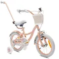 sun baby Flower Bike Kinderfahrrad für Mädchen 14 Zoll, ab 3 Jahre, mit Stützrädern, Abnehmbarer Schubstange, Korb, Klingel, Rücktrittbremse & V-Brake (Aprikose, 14 Zoll)